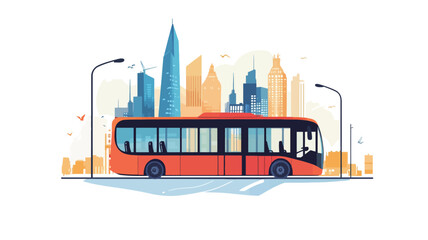 A stylized vector illustration depicting a red and black city bus on a road. The bus is shown in profile view, with passengers visible inside. The background features a simplified, stylized