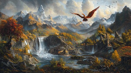 Autumnal Fantasy Landscape with Eagle and Waterfall