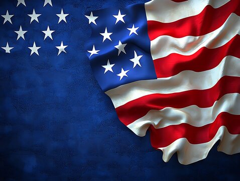 Waving US flag on textured blue background