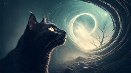Mystical black cat gazing at a glowing portal surrounded by a cosmic, dreamlike landscape