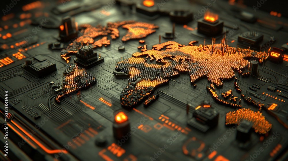 Poster global network, digital world map on circuit board.