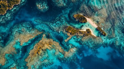 Fototapeta premium birds eye perspective of pristine tropical lagoon, transparent waters revealing intricate patterns of coral reefs and sandbars, dramatic cloud formations casting dynamic shadows, scattered islands