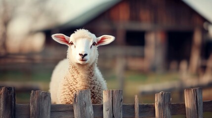 Lamb gazing over rustic fence, farm background