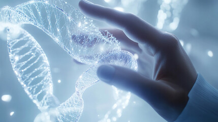A hand gently touches a glowing DNA strand.  Abstract representation of scientific research.