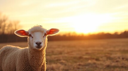 Obraz premium Lamb gazing sunset, rural field