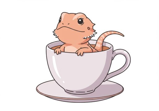 Cute cartoon pogona vitticeps sitting in a teacup, surrounded by a simple white background, ideal for playful designs