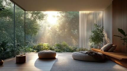 Fototapeta premium Tranquil modern zen room with forest views