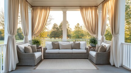 Tranquil outdoor porch furniture set with beige curtains