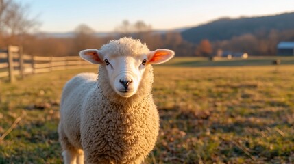 Obraz premium Lamb stares, rural pasture sunset