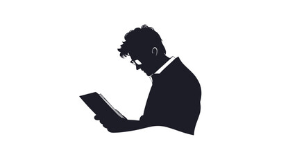 The image is a minimalist vector graphic depicting a dark silhouette of a person, possibly male, viewed from the side.  The person is wearing glasses and is hunched over a tablet or similar