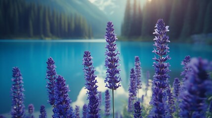 Fototapeta premium Lavender blooms by serene mountain lake