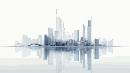 Fototapeta premium The image showcases a stylized illustration of a modern city skyline. The skyline is composed of numerous skyscrapers of varying heights, rendered in shades of light grey and white against