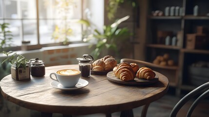 Cozy Cafe Table with Coffee and Croissants