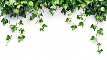 Naklejka premium Fresh green ivy vines cascading down a white wall.