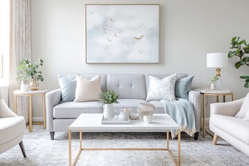 Light gray sofa in modern living room with blue and pink pillows, coffee table, and artwork.