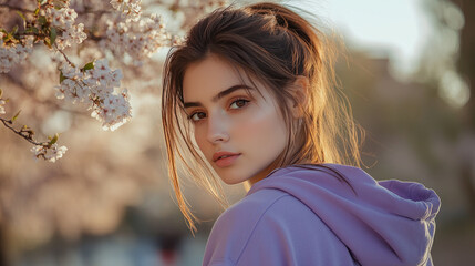 Arabian woman in purple Athleisure enjoy outside activity at cherry blossom park