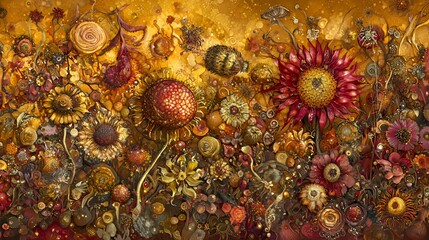 Autumnal Floral Still Life with Sunflowers and Gold Accents