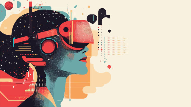 Stylized illustration of a woman's profile wearing a VR headset. The illustration uses bold colors including red, orange, blue, and black. The style is abstract and graphic, with elements