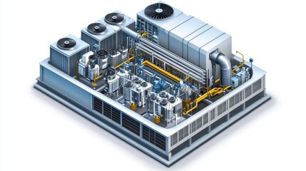 Factory specification isometric view of industrial air conditioning system, showing complete internal component layout, detailed cross-section of heat exchanger coils and fan assemblies, precise