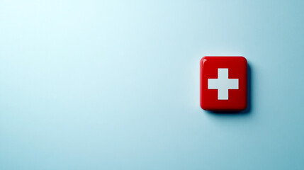 Obraz premium A red button with a white cross, symbolizing health and emergency services, set against a light blue background.