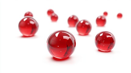 Hyper-realistic falling drops of crimson liquid captured in sequence, showing gravitational deformation, pristine reflective surfaces with highlights, translucent edges revealing light transmission,