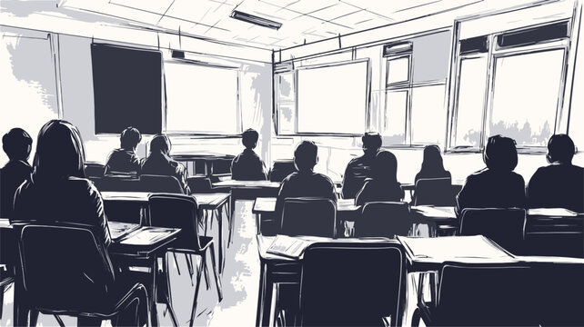 The image is a monochrome sketch or drawing depicting a classroom scene.  The style is simplistic, with the figures of students and a teacher rendered as dark silhouettes against a lighter