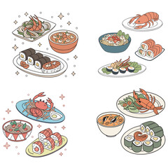 Festive seafood dishes food cooked modern delicacies with a presentation on the plate. Delicious dishes: salads and soups of shrimp, crab, mussels, baked fish, rolls, sushi, octopus vector