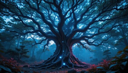 Enchanting Mystical Tree in a Foggy Forest at Night Glowing with Blue Lights Fantasy Illustration