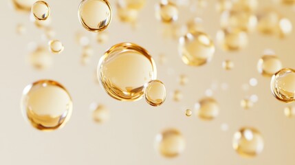 hypnotic arrangement of descending collagen essence drops, each sphere containing swirling molecular chains, gossamer-thin surface tension creating perfect optical distortions, premium skincare