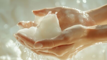 Fototapeta premium Intimate beauty portrait showing graceful hands massaging cloud-like cream onto porcelain skin, dewdrops of hydration capturing light, minimalist spa-like setting, focus on skin texture and product