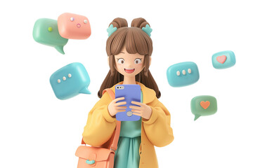 3D girl holding a smartphone with various colorful speech bubbles floating around. representing communication and messaging social media