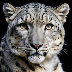 Snow leopard against black background.