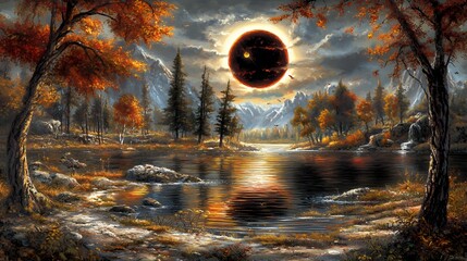 Autumnal Forest Landscape with Solar Eclipse