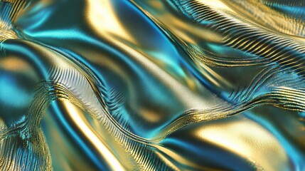 Naklejka premium Macro lens capture of metallic fabric texture showing precise weave pattern, color shifting from gold to blue-green, intentional ripples creating flowing abstract shapes, controlled studio lighting