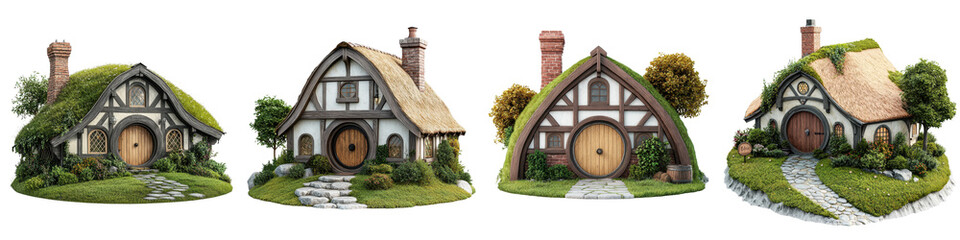 A collection of charming storybook style cottages nestled in a lush picturesque countryside landscape  The quaint fairy tale inspired homes feature whimsical architectural details thatched roofs