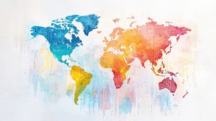 Naklejka premium Colorful watercolor world map illustration on a textured background.