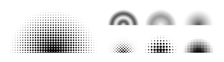 Collection of Black dot halftone in Half circle shape, Vector element.