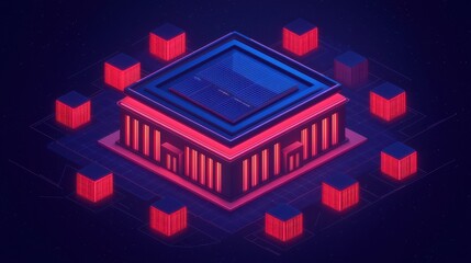 Naklejka premium Data Staging concept. Isometric Diagram of Data Staging Process with Cubes and Network Connections