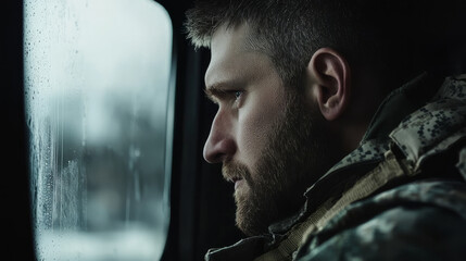 A man with short hair and a beard looks out the window, with a pensive expression on his face, wearing military, generative AI