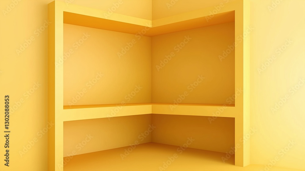 Aufkleber minimalist yellow corner stand for product presentation in an abstract interior scene. 3d rendering 
