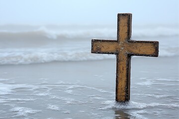 Weathered cross stands in ocean waves
