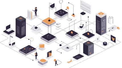 The image is an isometric illustration depicting a complex network system.  Numerous interconnected dark-colored cubic nodes and server-like structures are linked by lines, representing