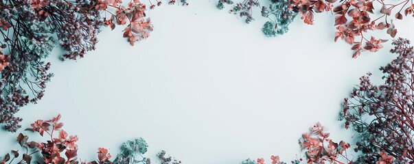 Floral frame with teal and coral dried flowers on white background. Romantic border for wedding invitations, Valentine's Day cards, or spring decor. Copy space.