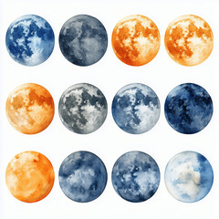 Obraz premium Set of Vibrant Watercolor Full Moon Illustration: Celestial Art for Home Decor and Printable Designs