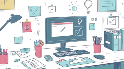 A digital illustration depicts a meticulously organized workspace. The illustration features a desktop computer displaying a simple interface with checkmarks,  surrounded by various office