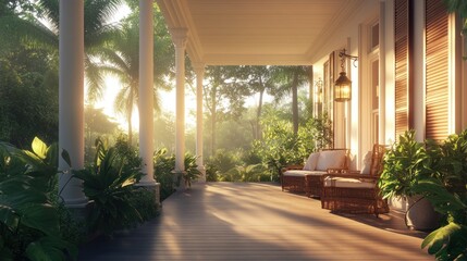 Tranquil Sunrise Porch in Tropical Garden