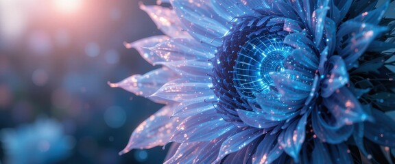 Futuristic glowing blue flower digital art technology nature blossom Abstract floral design with light and energy