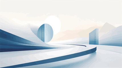 The image is a digital rendering depicting an abstract architectural space.  The scene features flowing, curved forms in shades of blue and white.  The color palette is predominantly light,