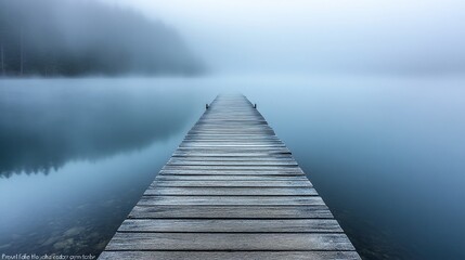 Misty lake pier, serene morning fog