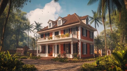 Fototapeta premium Red Brick Tropical House with White Columns and Lush Greenery